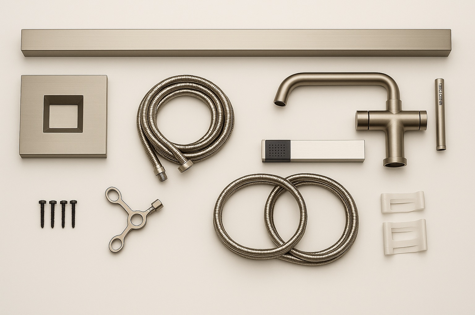 Fontana St. Gallen brushed nickel freestanding bathtub faucet components kit laid out for installation